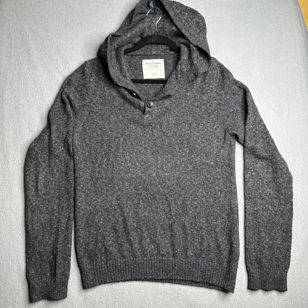 Abercrombie Fitch Men Gray Heathered Knit Shawl‎ Collar Button Hooded Sweater M - Picture 6 of 9